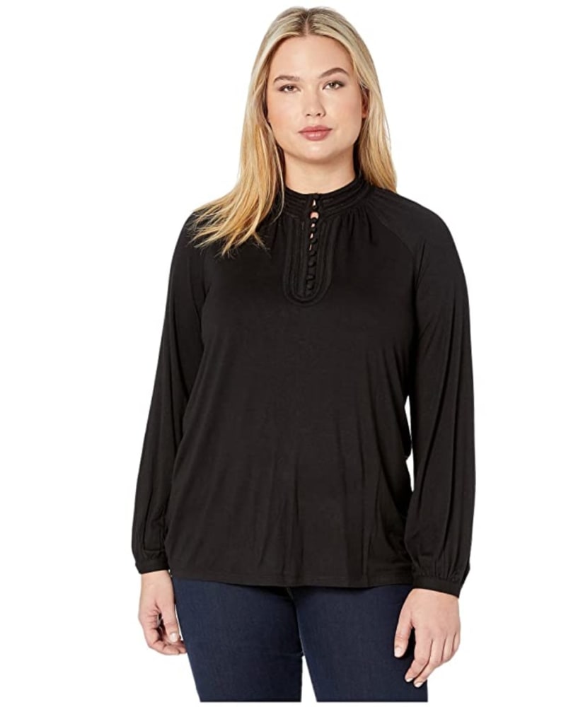 Front of a model wearing a size 2X Ralph Lauren Women's Plus Jersey Mock Neck Blouse Black Size 2X in Black by Ralph Lauren. | dia_product_style_image_id:311562